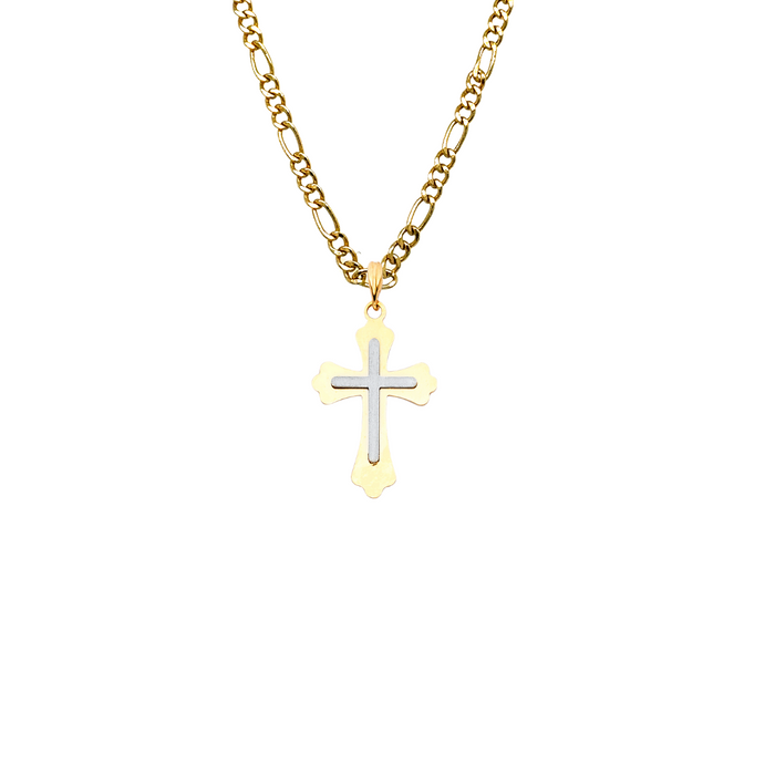 14k Gold Two Tone Cross Pendant with Solid Chain - LE-0912