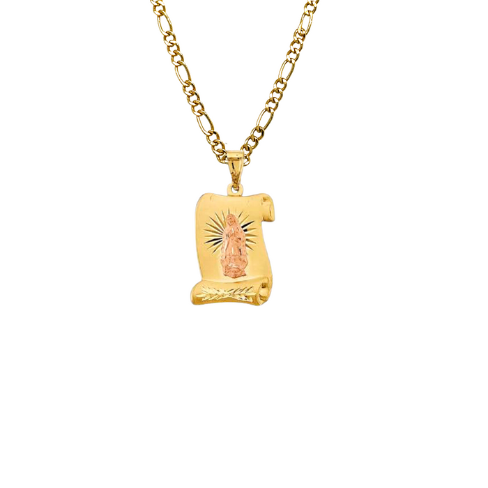 14k Virgin Mary Scroll Pendant with Solid Figaro Chain - LE-2893