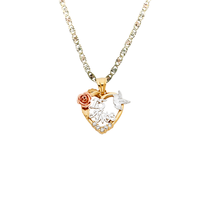 14k Gold Tri Tone 15 Años Quinceañera Heart Gemstone Pendant with Solid Chain - LE-1864