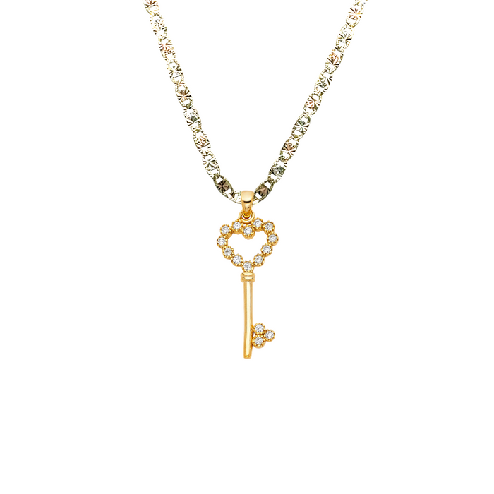 14k Gold Heart Key Gemstone Pendant with Solid Chain - LE-1723