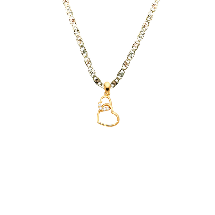 14k Gold Gemstone Intertwined Double Heart Pendant with Solid Chain - LE-0591