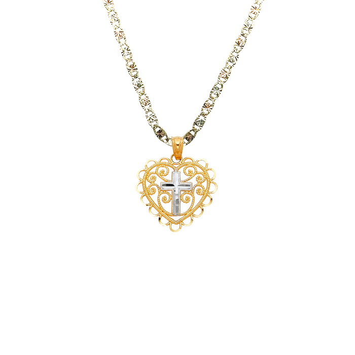 14k Two Tone Gold Cross Heart Pendant with Solid Chain - LE-0431