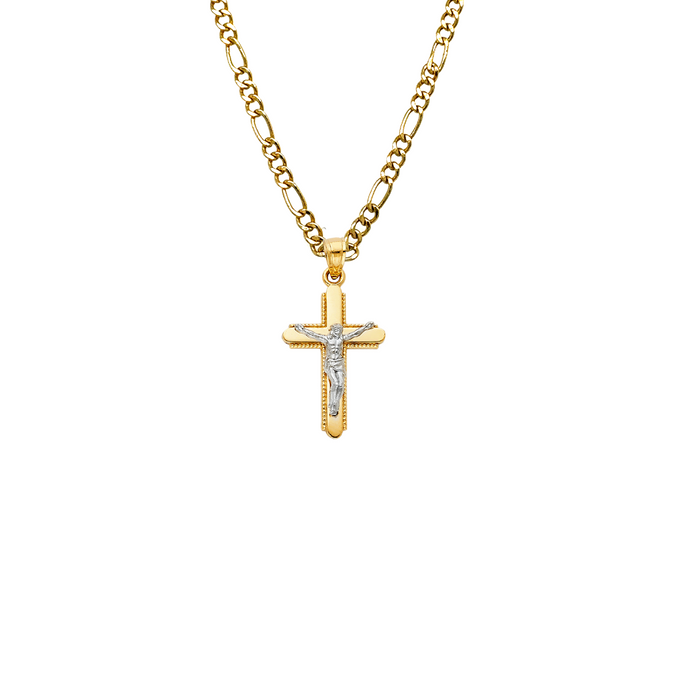 14k Gold Two Tone Jesus Cross Pendant with Solid Chain - LE-0041