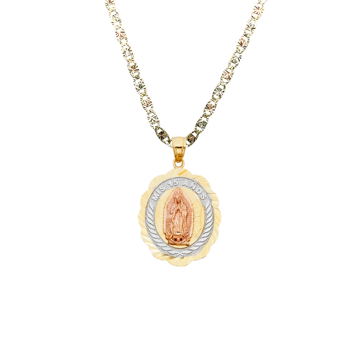 14k Gold Tri Tone Virgin Mary Mis 15 Años Quinceañera Oval Pendant with Solid Chain - LE-1900