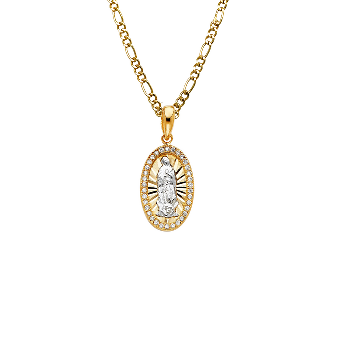 14k Virgin Mary Oval Pendant with Gemstone Bezel and Solid Chain - LE-PT1358