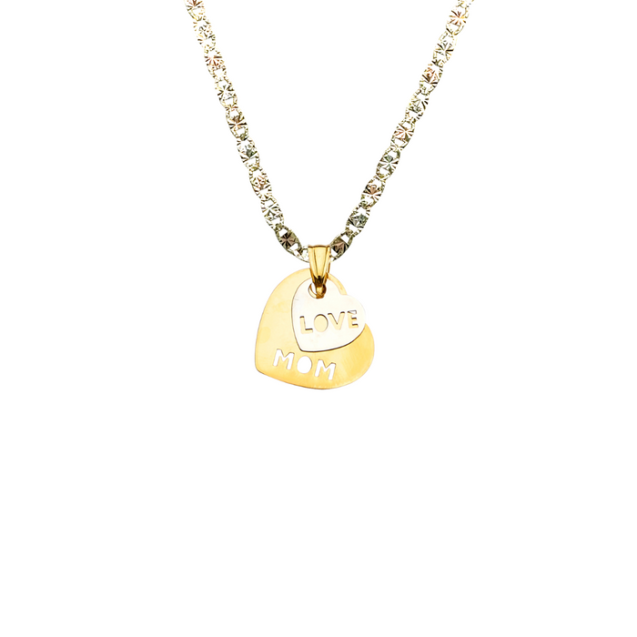 14k Gold Two Tone Love Mom Heart Pendant with Solid Chain - LE-2391