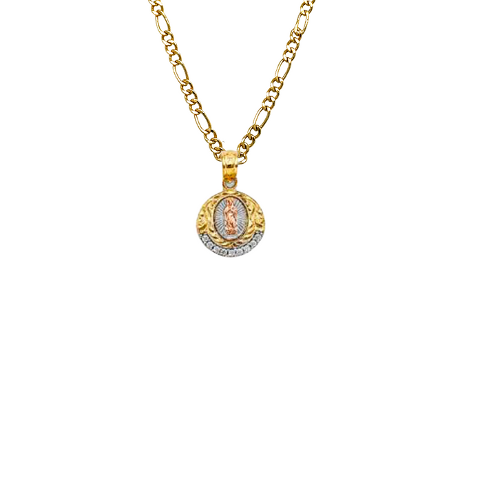 14k Virgin Mary Round Gemstone Pendant with Solid Chain - LE-1132