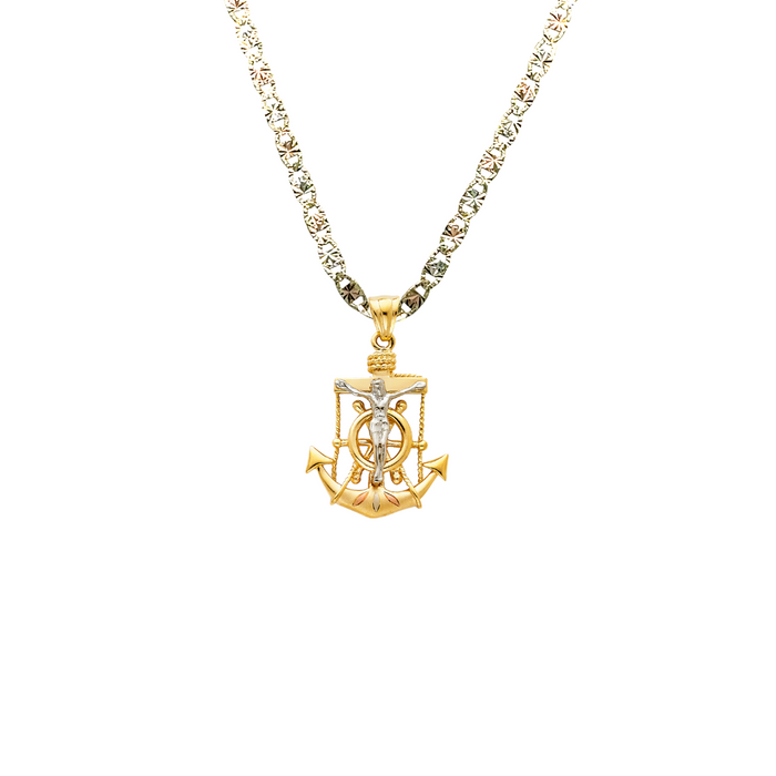 14k Gold Two Tone Jesus Anchor Mariner Pendant with Solid Chain - LE-1528