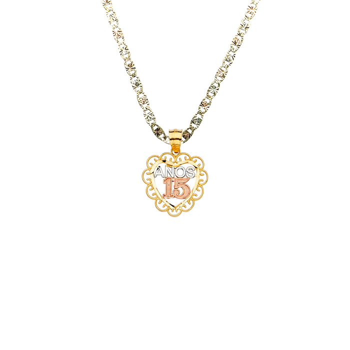 14k Gold Three Tone 15 Años Quinceañera Heart Pendant with Solid Chain - LE-2355