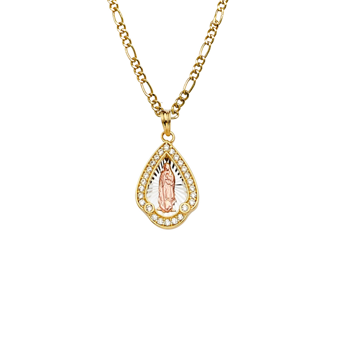 14k Virgin Mary Pendant with Gemstone Bezel and Solid Chain - LE-PT2294