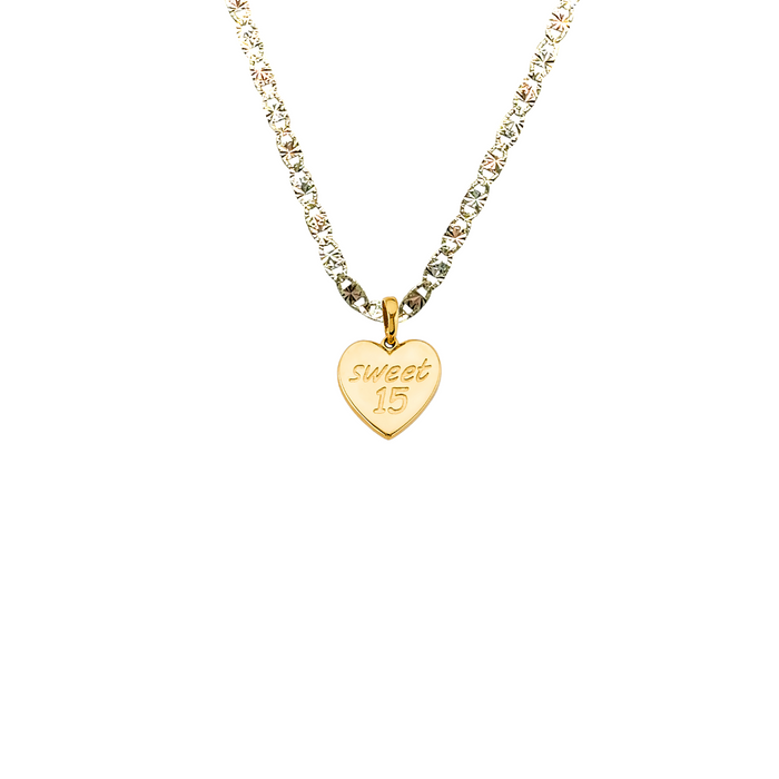 14k Gold Sweet 15 Quinceañera Heart Pendant with Solid Chain - LE-2972