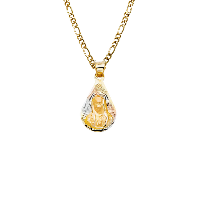 14k Virgin Mary TriColor Gold Teardrop Pendant with Solid Chain - LE-2082