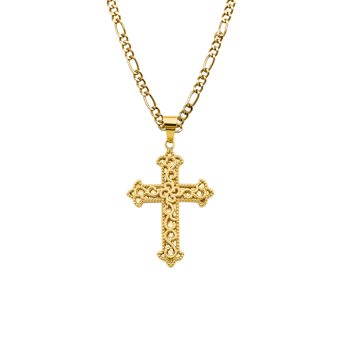 14k Gold Cross Fancy Design with Solid Figaro Chain - LE-2959