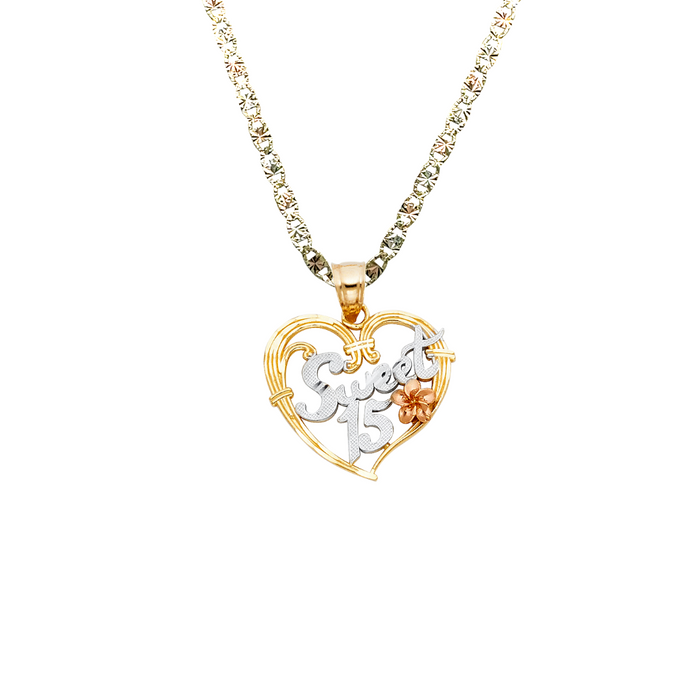 14k Gold Three Tone Sweet 15 Heart Flower Pendant with Solid Chain - LE-1906