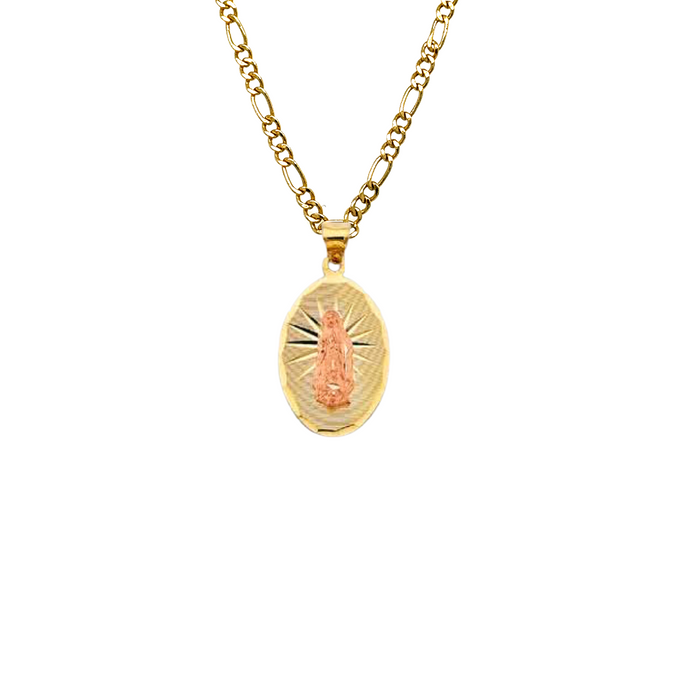 14k Virgin Mary Oval Diamond Cut Gold Pendant with Solid Chain - LE-2904