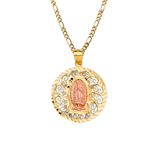 14k Virgin Mary Round Pendant with Solid Figaro Chain - LE-PT2313