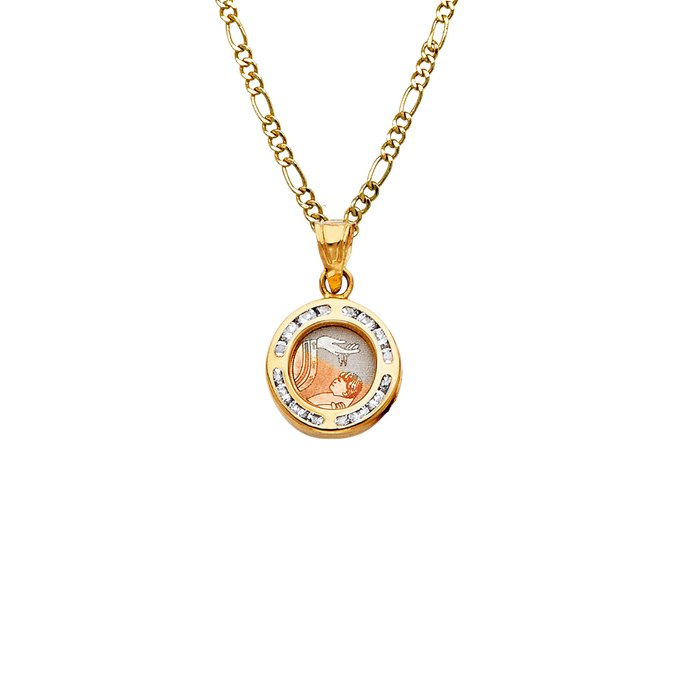 14k Virgin Mary and Baptism Two Sided Gold Pendant with Solid Chain - LE-765