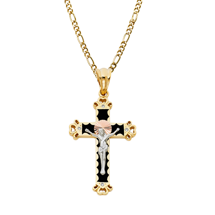 14k TriGold Black Enamel Jesus Cross with Solid Figaro Chain - LE-0944