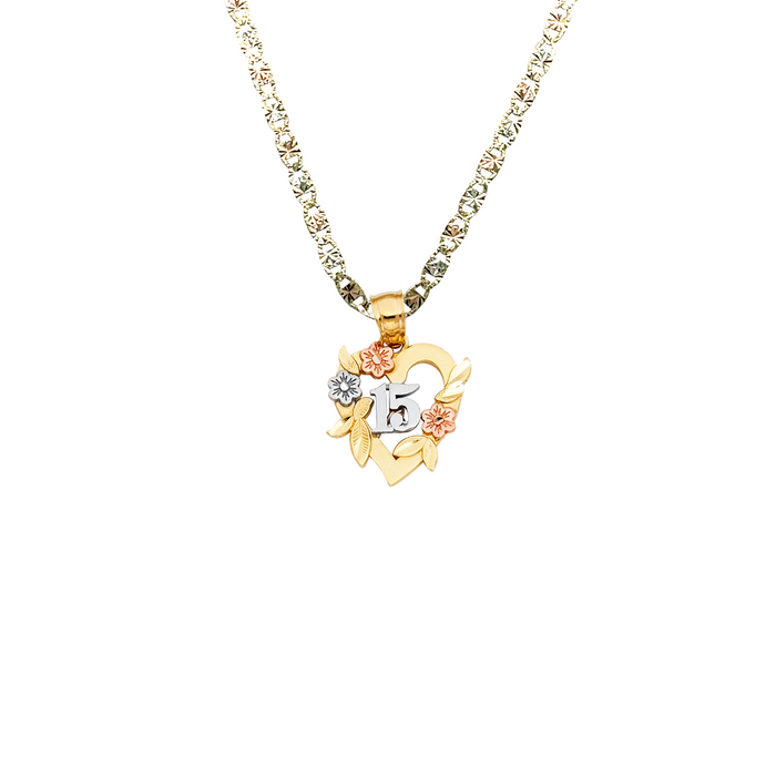 14k Gold Tri Tone 15 Años Quinceañera Heart Flower Pendant with Solid Chain - LE-1910