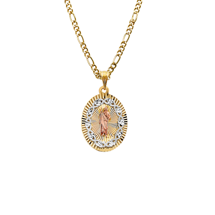 14k San Judas Oval Diamond Cut Gold Pendant with Solid Chain - LE-3202