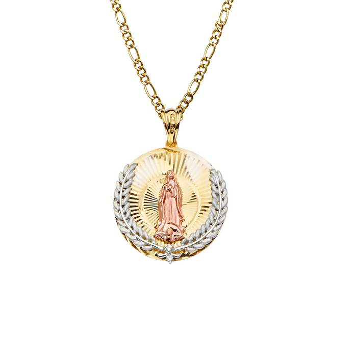 14k Virgin Mary TriColor Pendant with Solid Figaro Chain - LE-2286