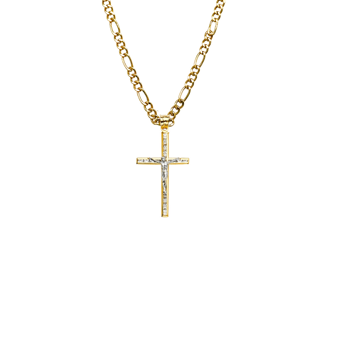 14k Gold Gemstone Jesus Cross Pendant with Solid Chain - LE-2197