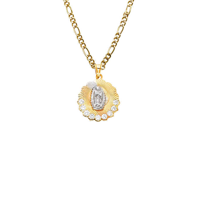 14k Virgin Mary TriGold Pendant with Gemstones and Solid Chain - LE-1299