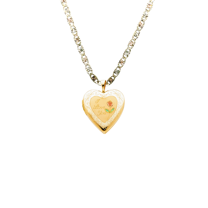 14k Gold Engraved Picture Heart Locket Pendant with Solid Chain - LE-0613