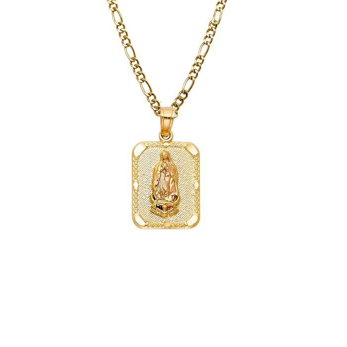 14k Virgin Mary Rectangle Textured Pendant with Solid Chain - LE-PT1122