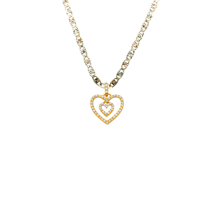 14k Gold Gemstone Double Heart Pendant with Solid Chain - LE-1773