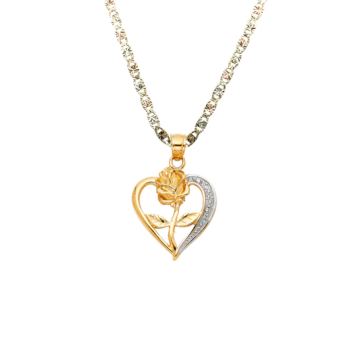 14k Rose Heart Gold Gemstone Pendant with Solid Chain - LE-1944