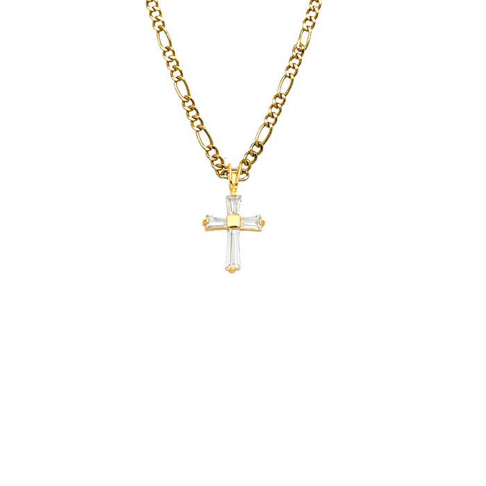 14k Gold Small Baguette Gemstone Cross Pendant with Solid Chain - LE-0541