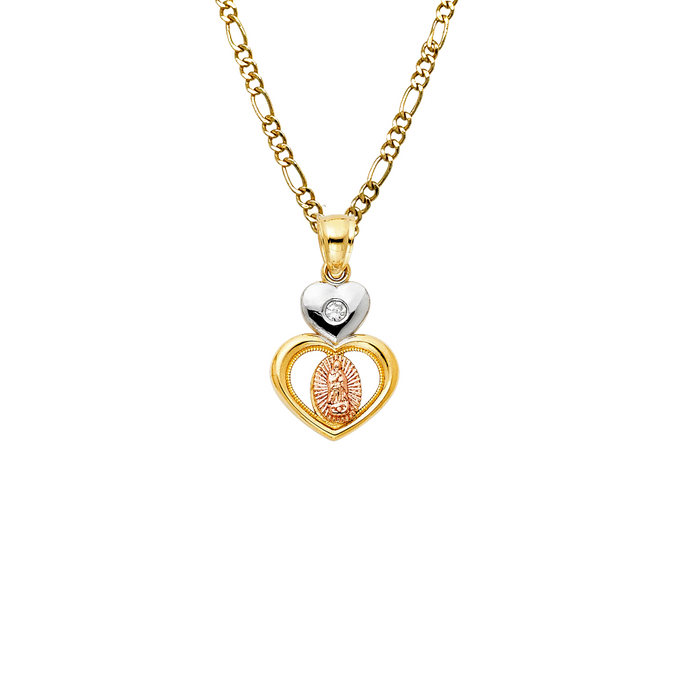 14k Virgin Mary Gemstone Heart Pendant with Solid Chain - LE-1127