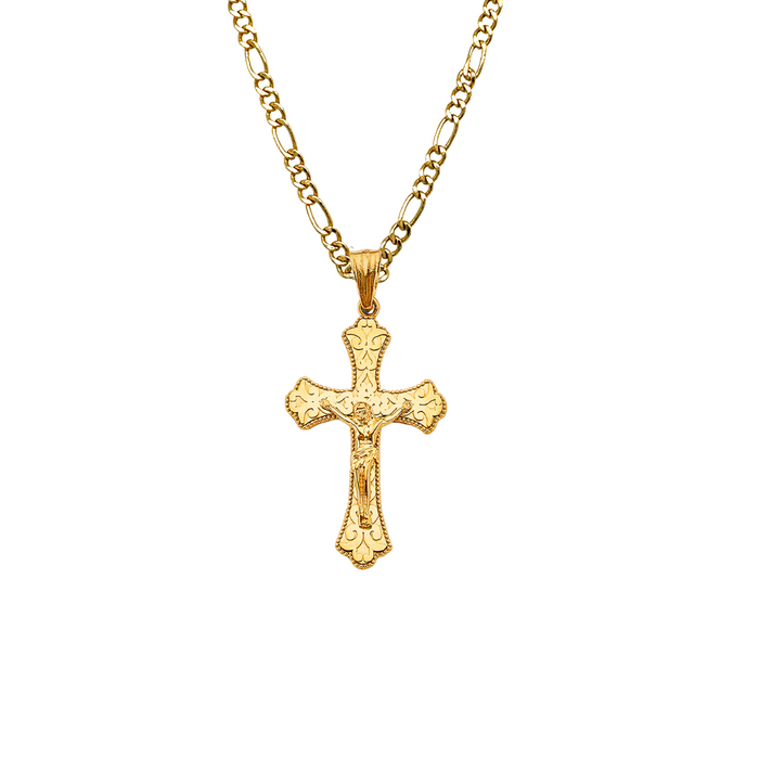 14k Gold Jesus Cross with Solid Figaro Chain - LE-2923