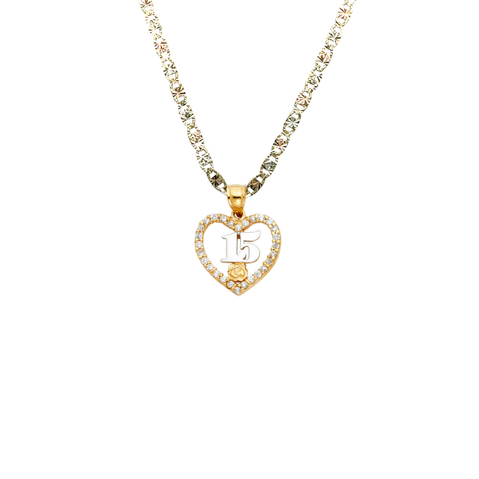 14k Gold Two Tone 15 Años Quinceañera Heart Gemstone Pendant with Solid Chain - LE-1877