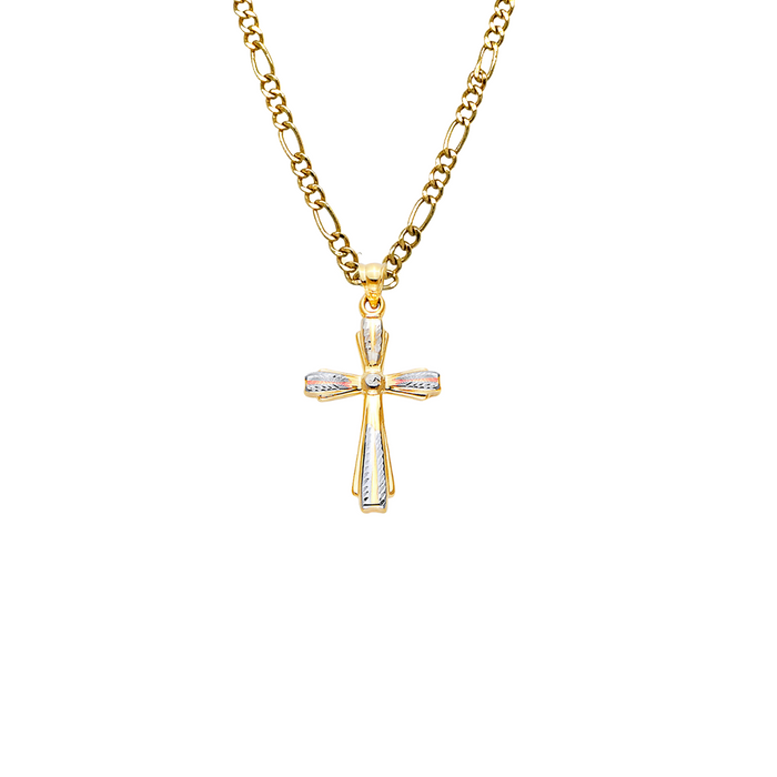 14k Gold Tri Tone Holly Fancy Cross Pendant with Solid Chain - LE-2533