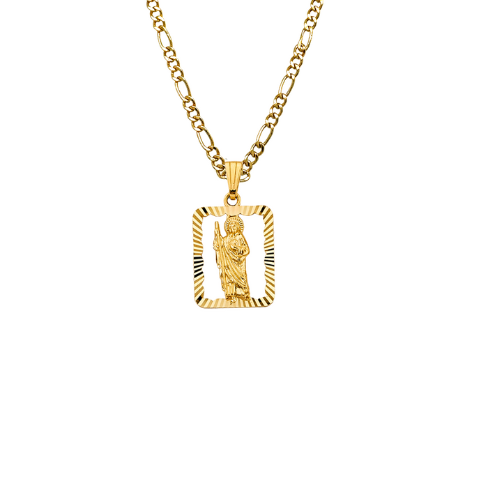 14k San Judas Gold Diamond Cut Frame Pendant with Solid Chain - LE-3071