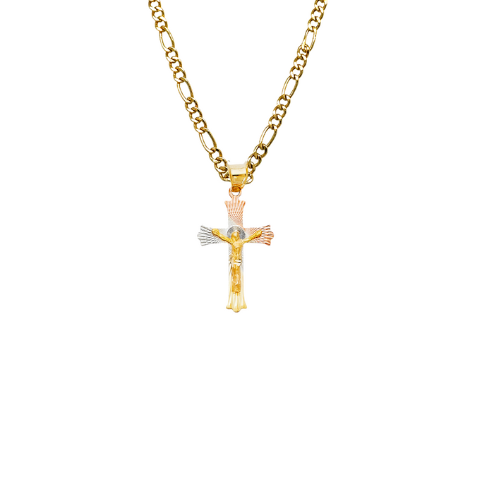 14k TriColor Gold Jesus Cross Pendant with Solid Chain - LE-0356