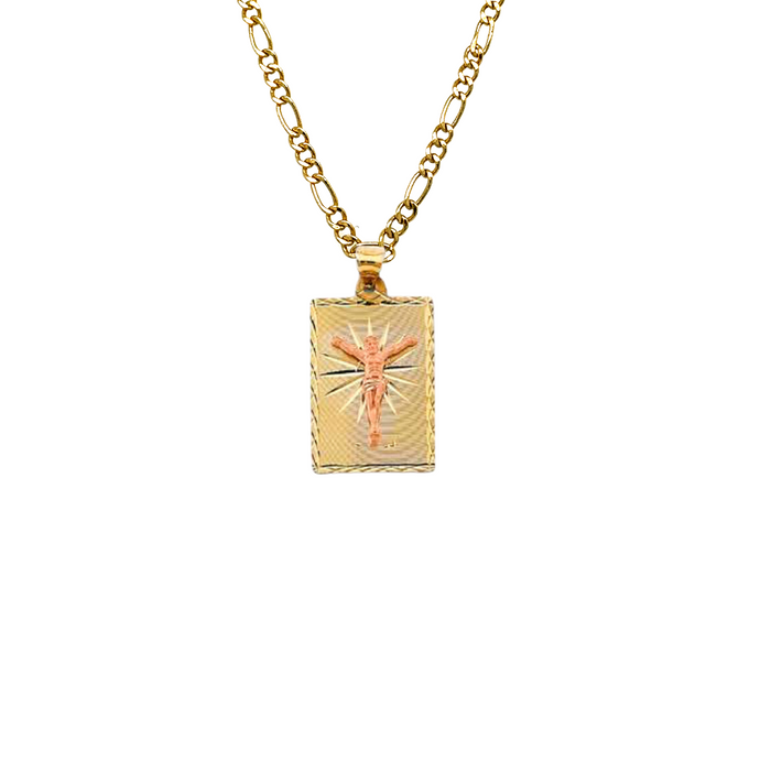 14k Jesus Christ Rectangle Gold Pendant and Solid Chain - LE-2902