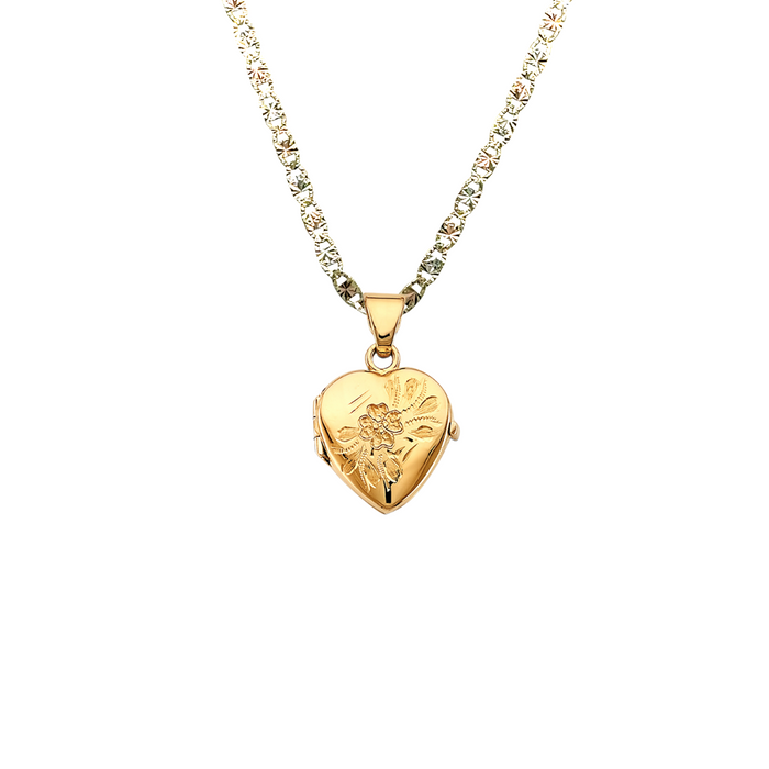 14k Gold Flower Engraved Picture Heart Locket Pendant with Solid Chain - LE-2572