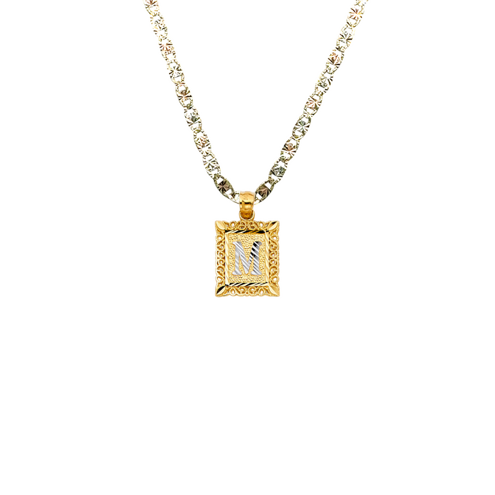 14k Gold Two Tone Square Letter Pendant with Solid Valentino Chain - LE-2051VC