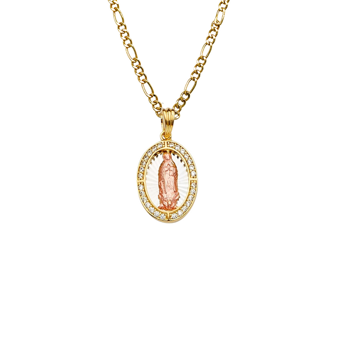 14k Virgin Mary Oval Pendant with Gemstone Bezel and Solid Chain - LE-PT2289