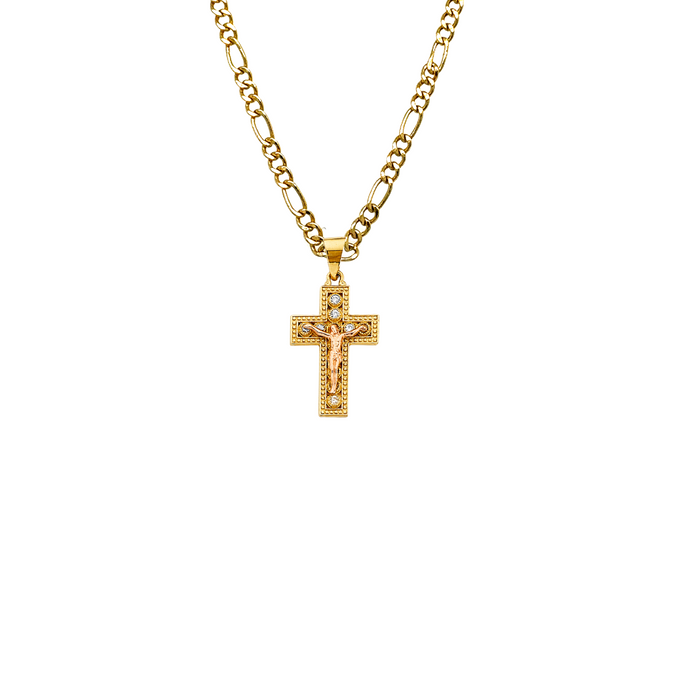 14k Gold Gemstone Jesus Cross Pendant with Solid Chain - LE-2595