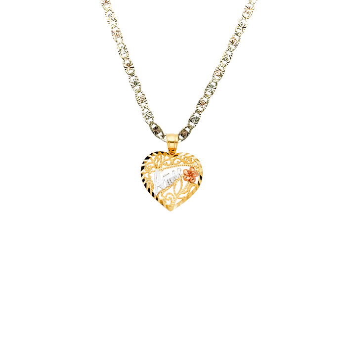 14k Amor Gold Heart Flower Pendant with Solid Chain - LE-1861