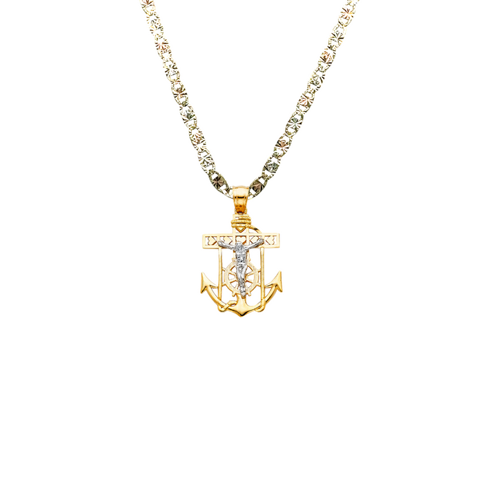 14k Gold Two Tone Jesus Anchor Mariner Pendant with Solid Chain - LE-0109