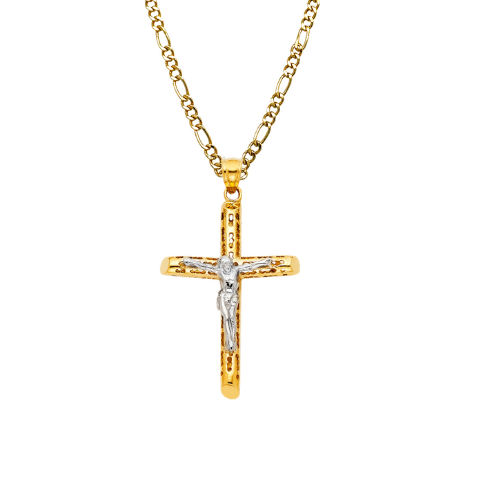 14k Gold Turkish Jesus Cross with Solid Figaro Chain - LE-1213