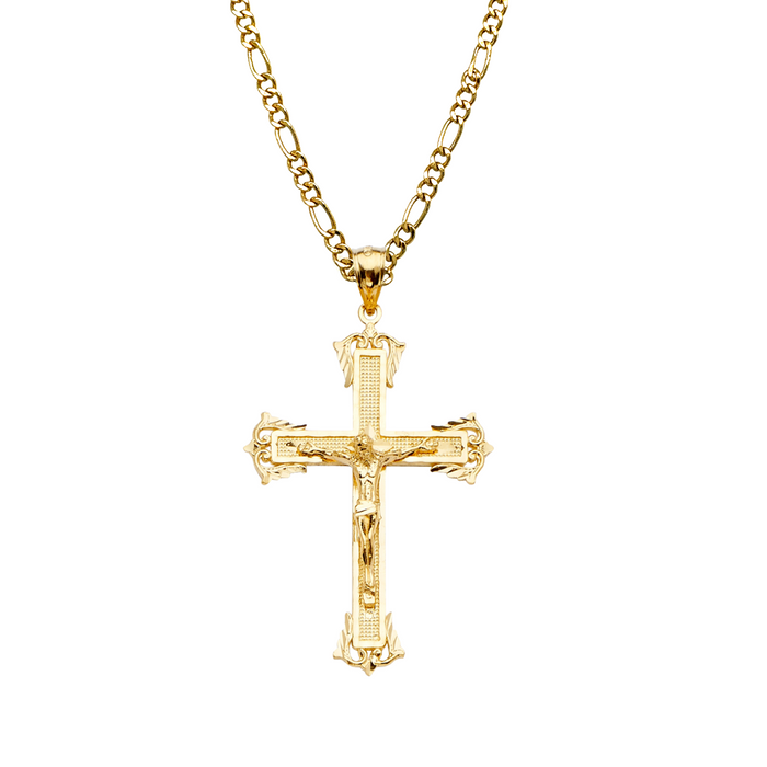 14k Gold Jesus Cross with Solid Figaro Chain - LE-2180