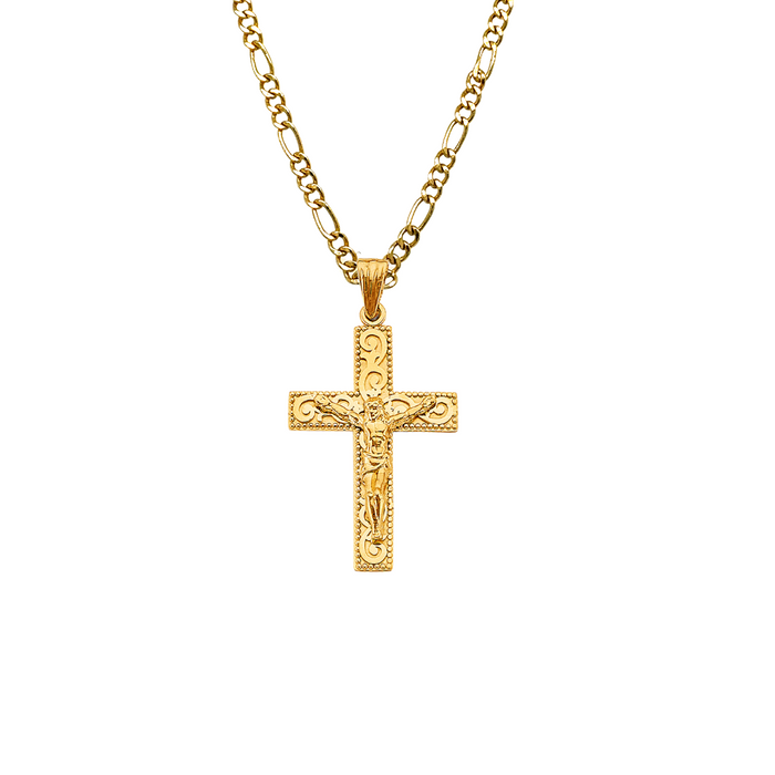 14k Gold Jesus Cross with Solid Figaro Chain - LE-2922