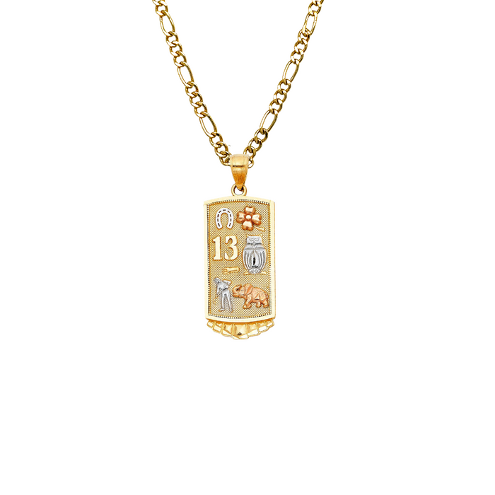 14k Good Luck Symbols Gold Pendant with Solid Figaro Chain - LE-1928