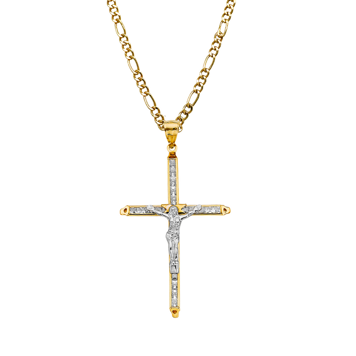 14k Two Tone Gold Gemstone Jesus Cross with Solid Figaro Chain - LE-3047